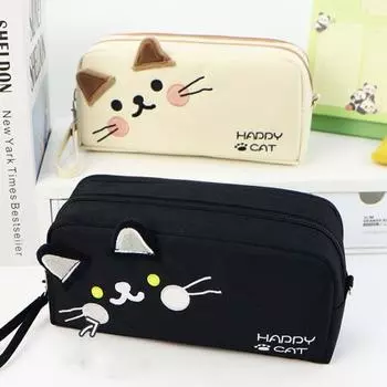 Большая вместительная сумка-карандаш в виде милого кота, многофункциональный холщовый пенал для девочек-подростков и мальчиков белый