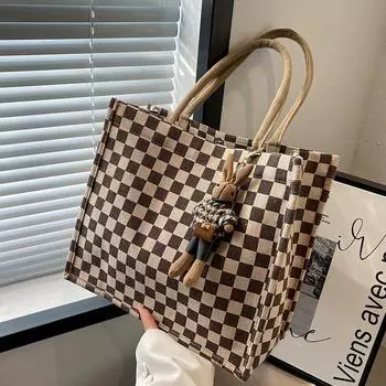 Большая вместительная сумка-кошелек с узором «клетчатая доска» для женщин, новая универсальная сумка-тоут на одно плечо для студентов и путешественников