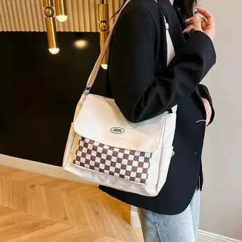 Большая вместительная сумка-мессенджер для поездок на работу, корейская клетчатая сумка, сумка через плечо для студенток, холщовая сумка для студентов белый