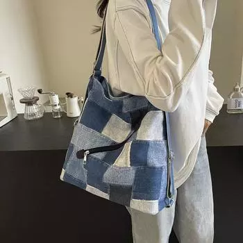 Большая вместительная сумка на молнии, женская сумка через плечо, винтажная джинсовая сумка через плечо синий