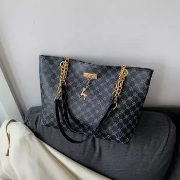 Большая вместительная сумка Новая женская сумка Модная сумка для поездок на работу в стиле ретро с цепочкой Портативная сумка через плечо Сумка-тоут с принтом чёрный