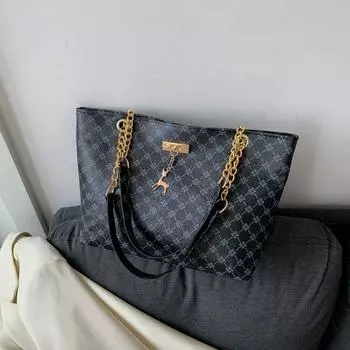 Большая вместительная сумка Новая женская сумка Модная сумка для поездок на работу в стиле ретро с цепочкой Портативная сумка через плечо Сумка-тоут с принтом чёрный
