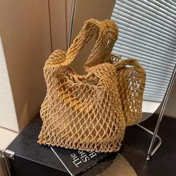 Большая вместительная сумка, новый сетчатый карман, сумка ручной работы, полая пляжная сумка для отдыха серии Mori, простая женская сумка через плечо 25*10*27 хаки