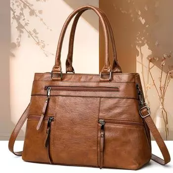 Большая вместительная сумка премиум-класса, новая коллекция 2025 года, мягкая кожаная сумка через плечо, винтажная сумка-тоут, модная минималистичная сумка через плечо коричневый