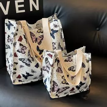 Большая вместительная сумка с цветочным принтом и бабочками, новая повседневная женская сумка из ткани Оксфорд, сумка на одно плечо Niche