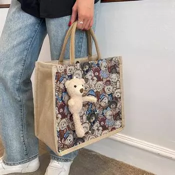 Большая вместительная сумка-тоут для студентов, женская, 2024 года, новая модная универсальная льняная портативная сумка для мамочек