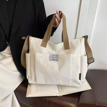 Большая вместительная сумка-тоут для студентов, вельветовая сумка для занятий, женская сумка через плечо чёрный