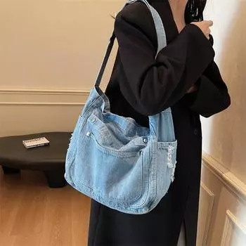 Большая вместительная сумка-тоут для поездок на работу из денима, женская сумка через плечо чёрный