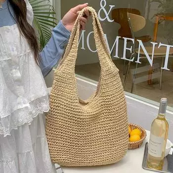 Большая вместительная сумка-тоут из плетеной соломы в этническом стиле 30H*38W(top)*27W(bottom)*8D cm коричневый