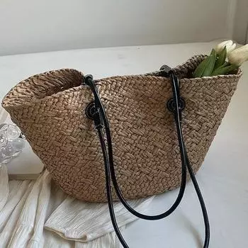 Большая вместительная сумка-тоут Летняя плетеная сумка через плечо Пляжная сумка из травяной ткани Сумка из ротанга