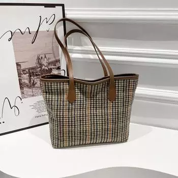 Большая вместительная сумка-тоут, модная сумка через плечо, шерстяная клетчатая сумка подмышкой, универсальная сумка для поездок на работу в иностранном стиле коричневый