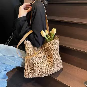 Большая вместительная сумка-тоут, плетеная женская пляжная сумка для отдыха на море хаки