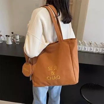 Большая вместительная сумка-тоут с вышитыми буквами, женская холщовая сумка через плечо коричневый