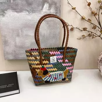 Большая вместительная сумка-тоут с изображением собаки таксы, плетеная вручную корзина для овощей, сумка для мелочей, маленькая сумочка для пикника