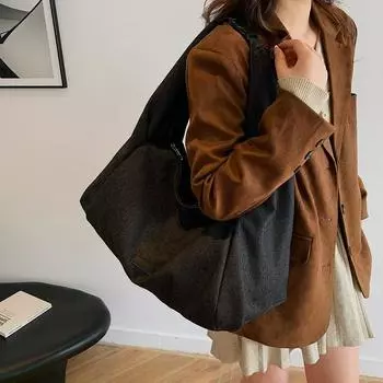 Большая вместительная сумка-тоут в стиле ретро для женщин, сумка через плечо для поездок на работу Small чёрный