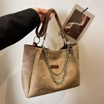 Большая вместительная сумка-тоут в стиле ретро для женщин, модная сумка через плечо с карманами на молнии, мягкий полиуретановый материал, нейлоновая подкладка, для ежедневного использования темные хаки