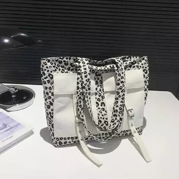 Большая вместительная сумка-тоут высокого класса на осень-зиму, холщовая сумка через плечо с контрастным леопардовым принтом и застежкой-молнией