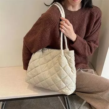 Большая вместительная сумка-тоут, женская сумка на плечо с ромбовидной клетчатой хлопчатобумажной подкладкой бежевый