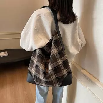 Большая вместительная сумка-тоут женская клетчатая сумка через плечо серый