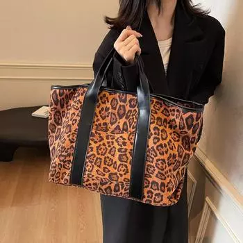 Большая вместительная сумка-тоут женская сумка легкая леопардовая винтажная сумка через плечо кофейный