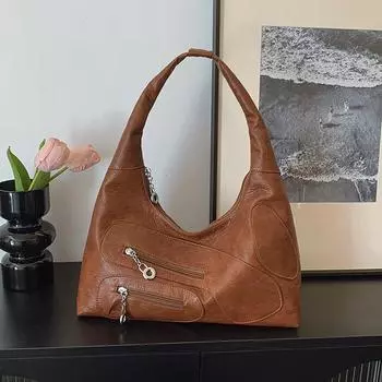 Большая вместительная сумка-тоут женская однотонная сумка для поездок на работу через плечо сумка через подмышку коричневый