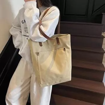 Большая вместительная сумка-тоут женская однотонная холщовая сумка через плечо хаки