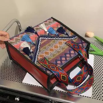 Большая вместительная сумка в этническом стиле для женщин, модная портативная сумка с бахромой, универсальная плетеная сумка в стиле ретро для женщин оранжевый