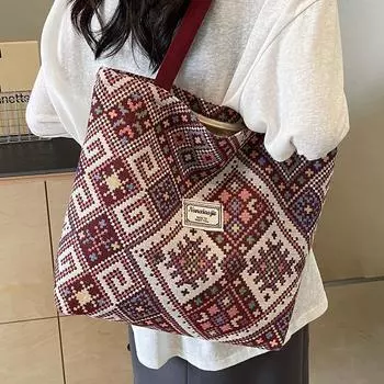Большая вместительная сумка в этническом стиле для женщин, сумка через плечо из холста для женщин, универсальная сумка через плечо для студентов колледжей