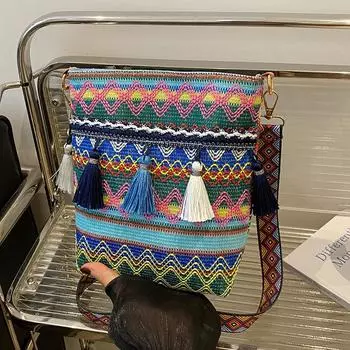 Большая вместительная сумка в этническом стиле, новая модная сумка-ведро с кисточками на одно плечо, ретро-модная сумка через плечо для поездок на работу