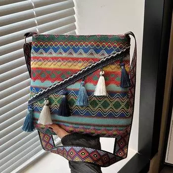 Большая вместительная сумка в этническом стиле для женщин, женская сумка через плечо в стиле бохо, ручная работа, широкополосная сумка через плечо для женщин