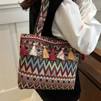 Большая вместительная сумка в этническом стиле, сезонная модная сумка на одно плечо с изображением капустной корзины, рабочая сумка через плечо красный
