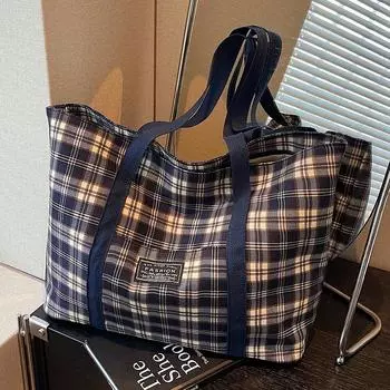Большая вместительная сумка в клетку для женщин 2024 года, новая сумка через плечо для поездок на работу, женская сумка-тоут для студентов колледжей синий