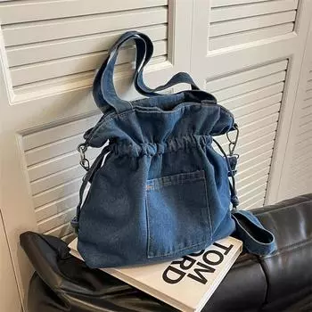 Большая вместительная сумка-ведро на одно плечо из денима, новая модная универсальная сумка с мягким плечевым ремнем
