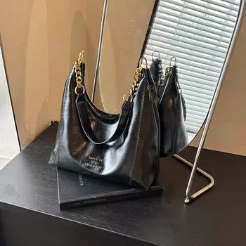 Большая вместительная сумка женская 2024 новая простая и универсальная повседневная сумка через плечо с цепочкой ретро-фактура сумка-тоут для поездок на работу 28*10*28 коричневый