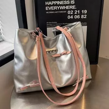 Большая вместительная сумка женская 2024 года с бантом новая текстура иностранный стиль повседневная сумка для поездок на работу студенческая сумка для занятий серебряный