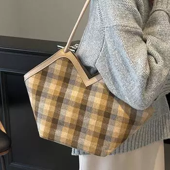 Большая вместительная сумка женская клетчатая популярная универсальная шерстяная ретро-сумка иностранная повседневная сумка через плечо