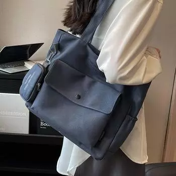 Большая вместительная сумка женская летняя универсальная 2024 новая сумка через плечо холст популярная текстура класс сумка-тоут для поездок на работу no specification чёрный