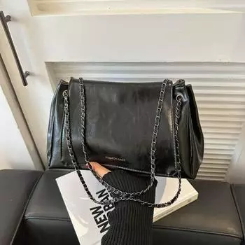 Большая вместительная сумка женская новая мода ретро 2024 зимняя цепочка сумка через плечо повседневная текстура маленькая квадратная сумка чёрный