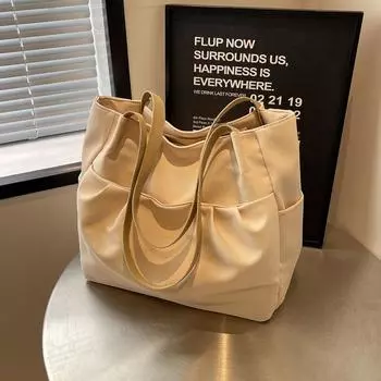 Большая вместительная сумка, женская однотонная сумка на плечо со складками, новая популярная корейская дорожная холщовая сумка весна/лето 2024