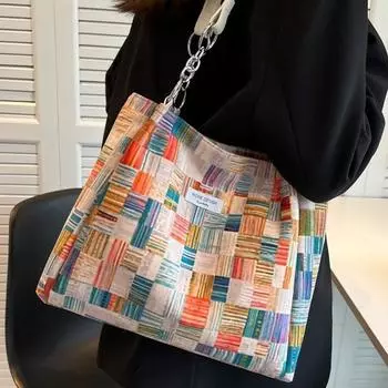 Большая вместительная сумка, женская сумка в клетку, универсальная сумка для поездок на работу, сумка подмышкой, контрастного цвета, студенческая сумка через плечо