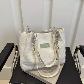 Большая вместительная сумка женская сумка весна 2024 новая универсальная корейская версия сумка тоут жемчужная цепочка студенческая сумка через плечо белый