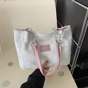 Большая вместительная сумка женская зимняя 2024 новая корейская версия нишевая сумка Mao Mao class commuder bag повседневная сумка через плечо белый