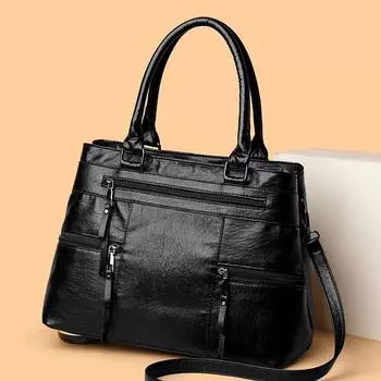 Большая вместительная текстурированная сумка из мягкой кожи для поездок на работу, сумка через плечо чёрный