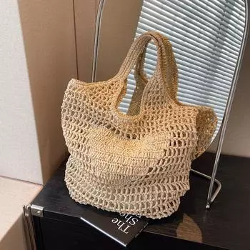 Большая вместительная тканая сумка из хлопчатобумажной нити. Новинка 2024 года. Полая тканая сумка. Сумка на плечо в ленивом стиле. Пляжная сумка для отпуска. Женская сумка.