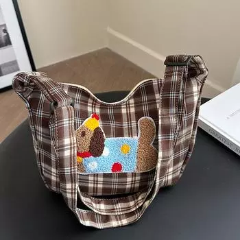 Большая вместительная универсальная клетчатая сумка-тоут женская осенняя милая такса собака студенческая сумка через плечо коричневый