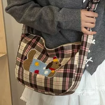 Большая вместительная универсальная сумка-тоут в клетку для женщин 2024 года, новая симпатичная сумка через плечо для студентов колледжа с изображением таксы коричневый