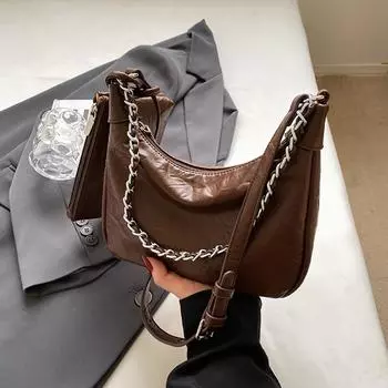 Большая вместительная винтажная сумка-тоут для поездок на работу, модная однотонная сумка через плечо, высококачественная фактурная мягкая кожаная сумка на цепочке (20cm<Max Length<30cm)