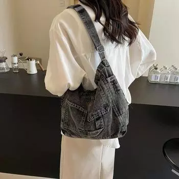 Большая вместительная женская джинсовая сумка через плечо повседневная сумка через плечо с шитьем однотонная элегантная