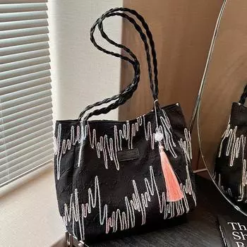 Большая вместительная женская летняя сумка-тоут из холста с контрастными полосками, универсальная сумка на одно плечо под мышкой