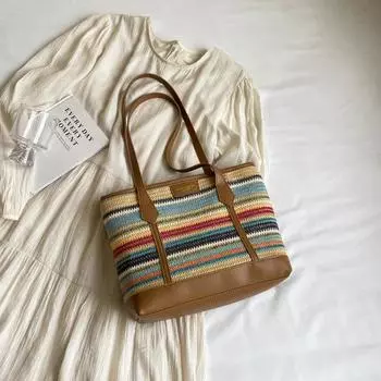 Большая вместительная женская соломенная сумка полосатая сумка универсальная дорожная сумка через плечо новая мода